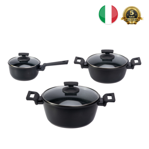 Set bộ 3 nồi Ý (Italy) chống dính, bên trong phủ kim cương, bên ngoài phủ men sứ Kuchen DIAMANTE